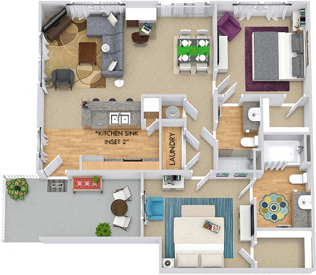 Floor plan for 2 beds, 2 baths, 1028 sqft